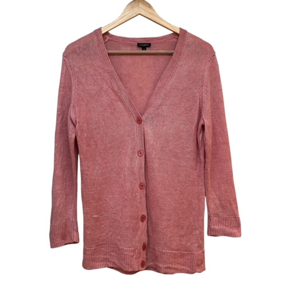 Talbots heathered light pink linen v neck cardigan size M